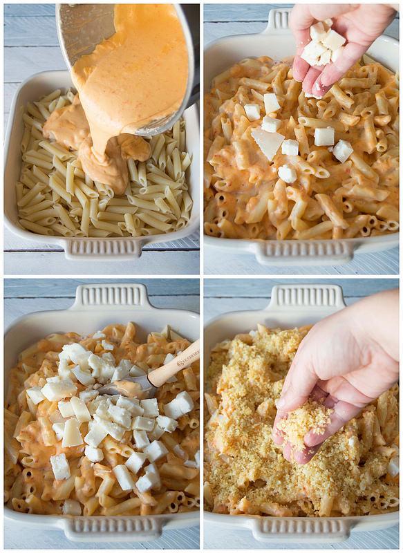 Macarrones con salsa de morrones y patatas chip