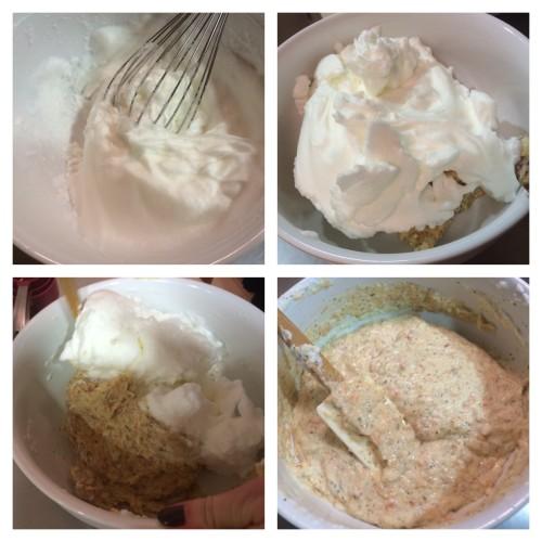 Montando las claras y mezclándolas con la bechamel