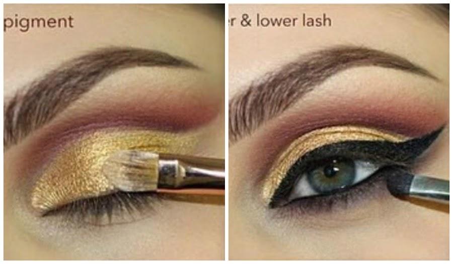 Maquillaje en dorado con delineado ojo de gato | Belleza