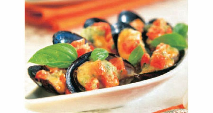 Mejillones gratinados con albahaca