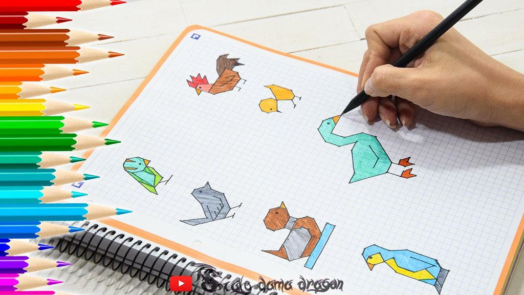 7 dibujos de aves en cuadrículas para niños | Manualidades