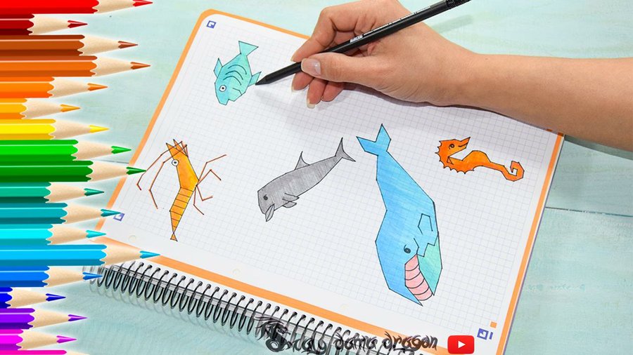 5 dibujos de animales del mar en cuadrícula | Manualidades